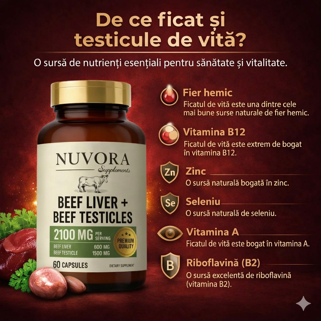 Panou NUVORA despre beneficiile ficatului și testiculelor de vită